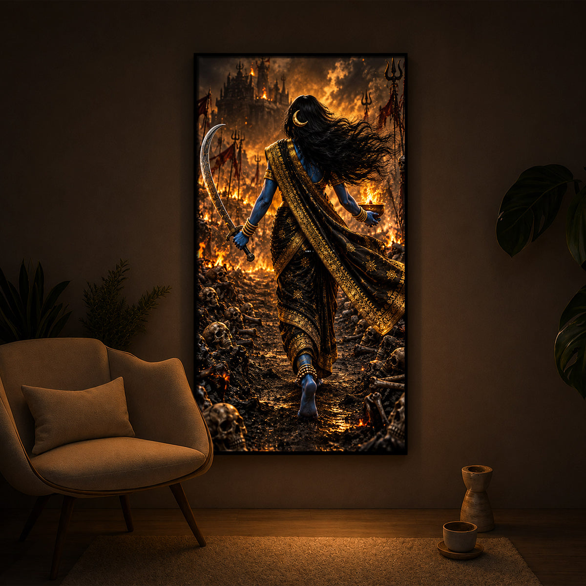 Maa Kalaratri Bhadrakali Modern Luxury Backlight Vertical Wall Art