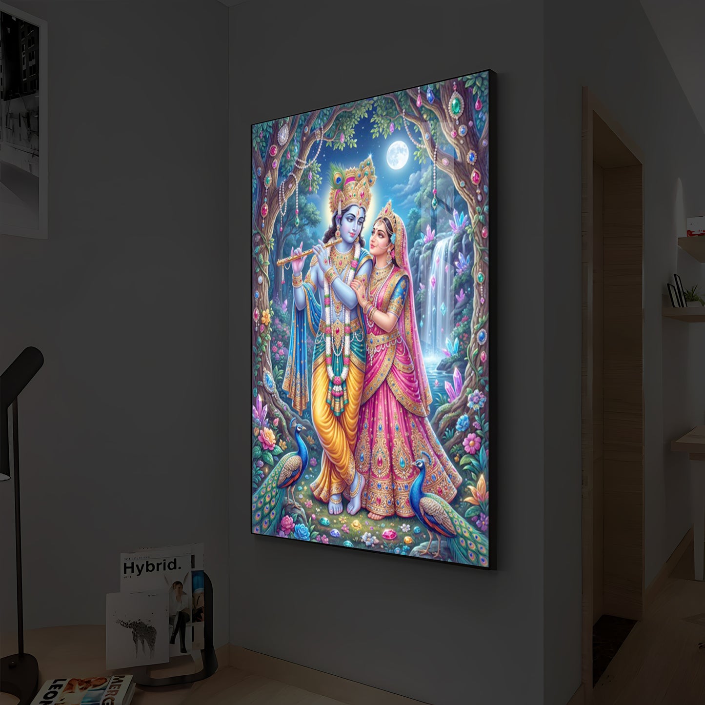 Eternal Love of Radha Krishna Modern Luxury Backlight Vertical Wall Art