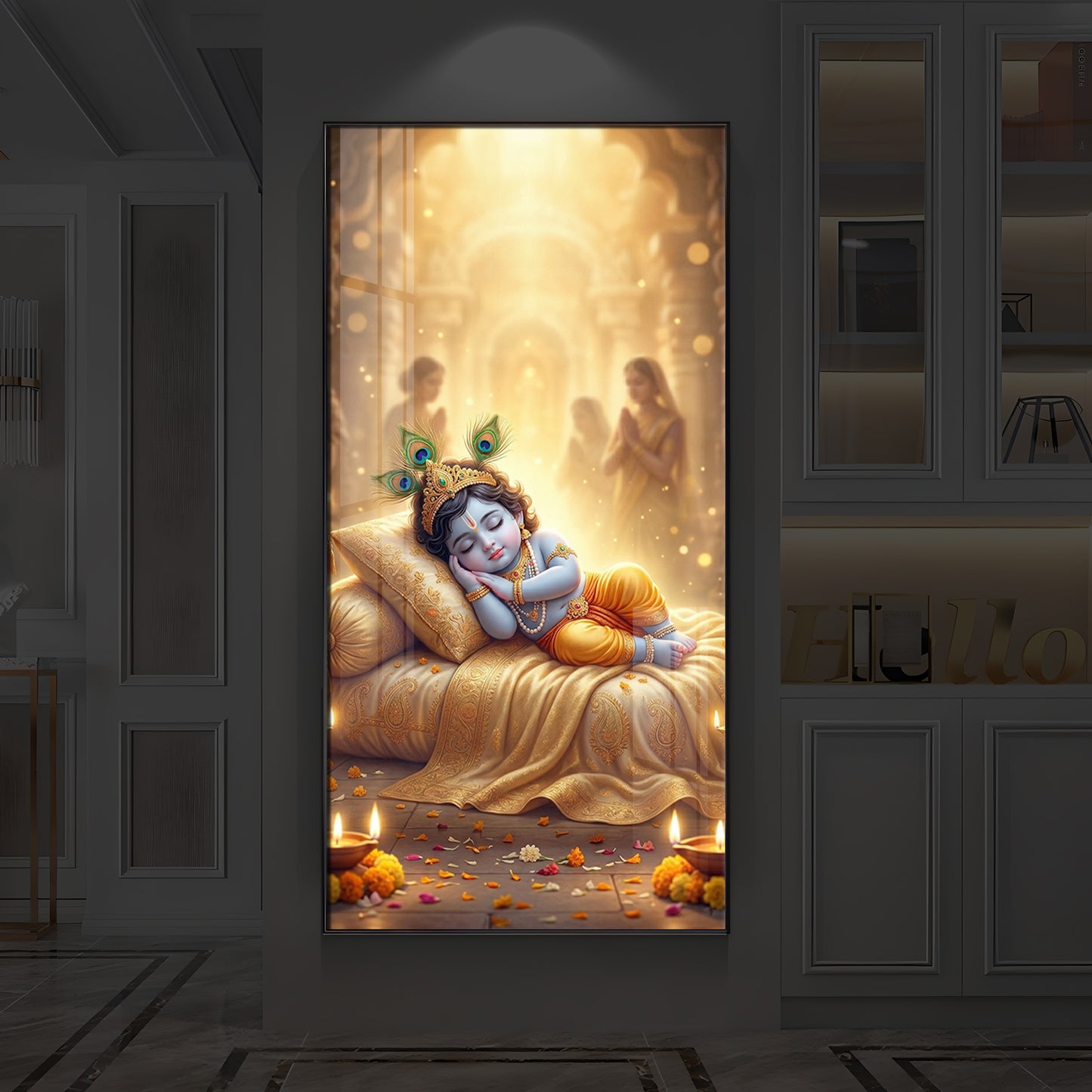 Sleeping Little Krishna Ji Modern Luxury Backlight Vertical Wall Art
