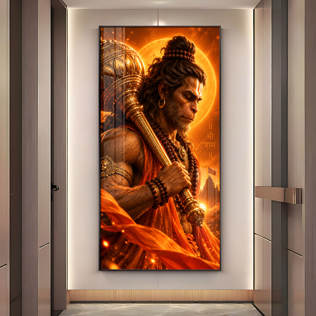 Hanuman With Golden Gada Premium Acrylic Vertical Wall Art