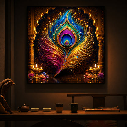 Glowing Peacock Feather Modern Luxury Backlight Square Wall Art