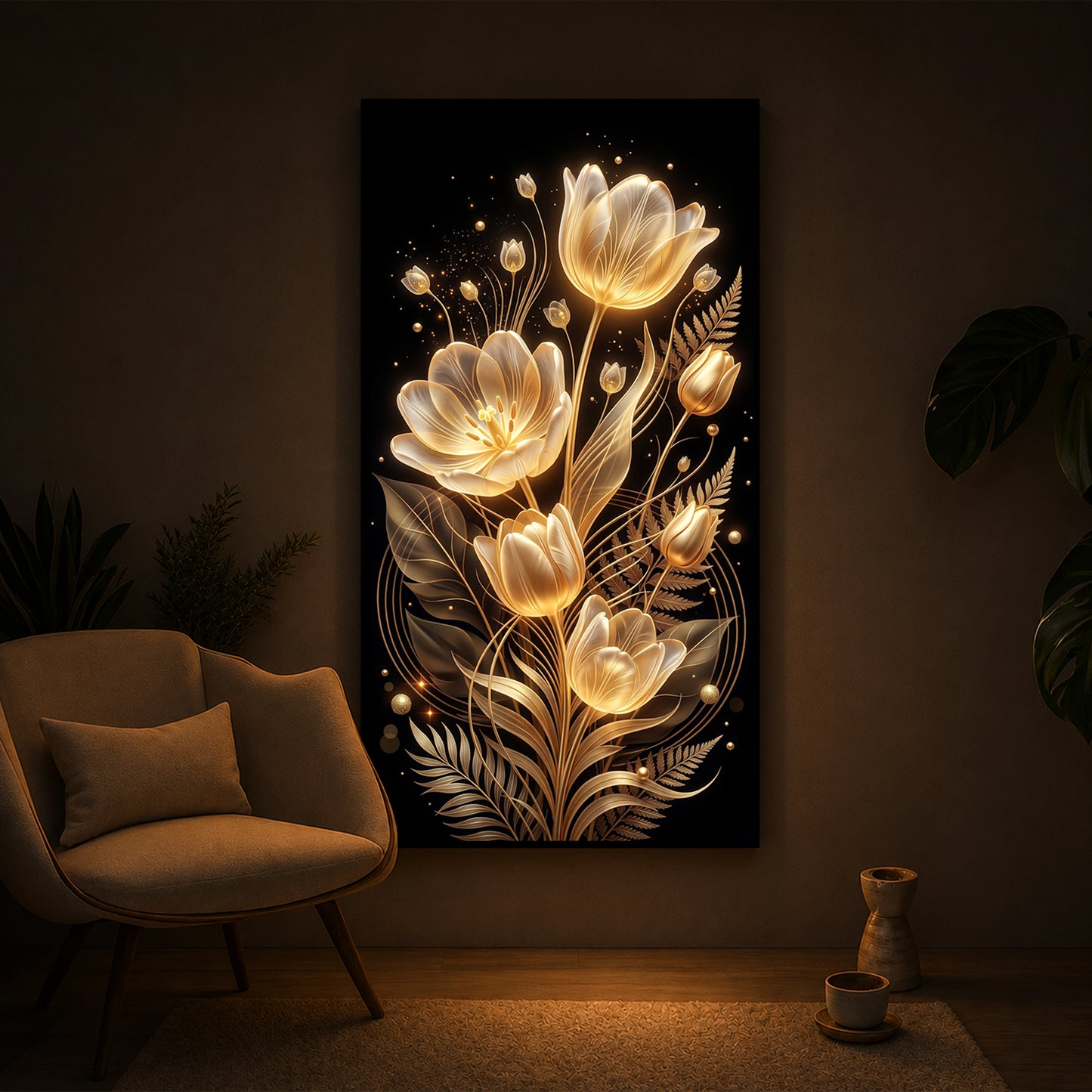 Golden Luminous Tulip Modern Luxury Backlight Vertical Wall Art