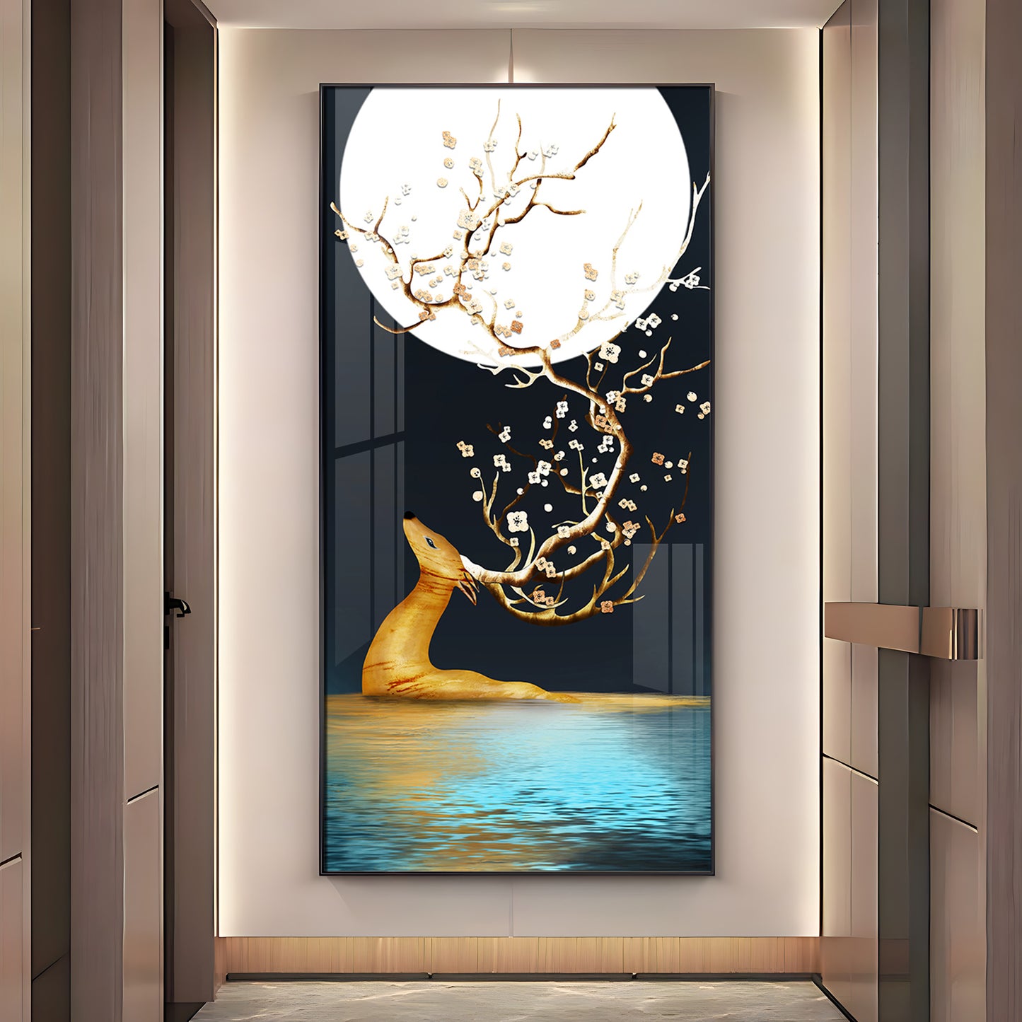 Golden Deer With Full Moon Premium Acrylic Vertical Wall Art