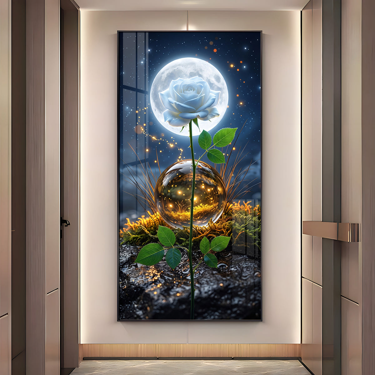 Luminous White Rose with Full Moon Premium Acrylic Vertical Wall Art