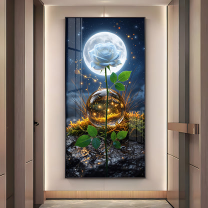 Luminous White Rose with Full Moon Premium Acrylic Vertical Wall Art