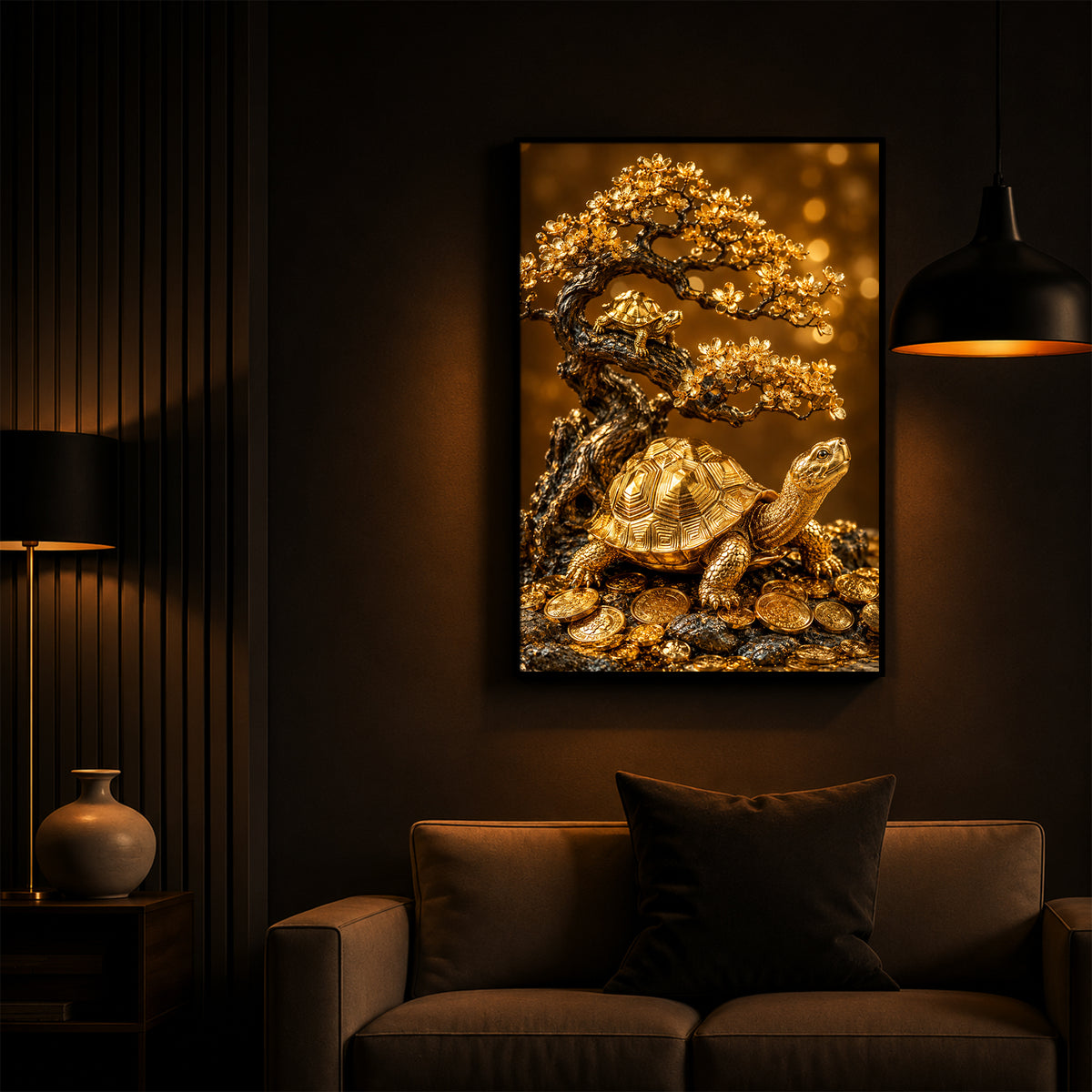 Golden Wealth Turtle Modern Luxury Backlight Vertical Wall Art