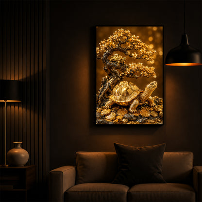 Golden Wealth Turtle Modern Luxury Backlight Vertical Wall Art