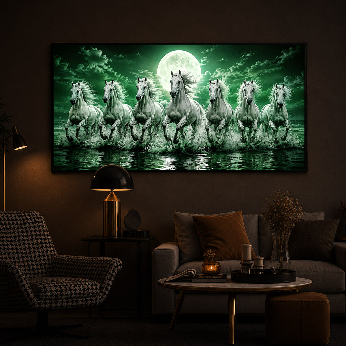 7 Running Horses With Green Backdrop Modern Luxury Backlight Horizontal Wall Art