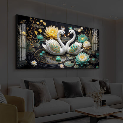 Pair Of White Swans Modern Luxury Backlight Horizontal Wall Art