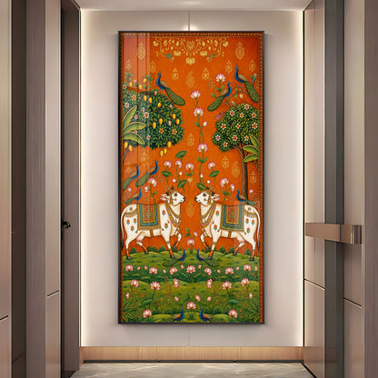 Traditional Pichwai Sacred Cows & Peacocks Premium Acrylic Vertical Wall Art