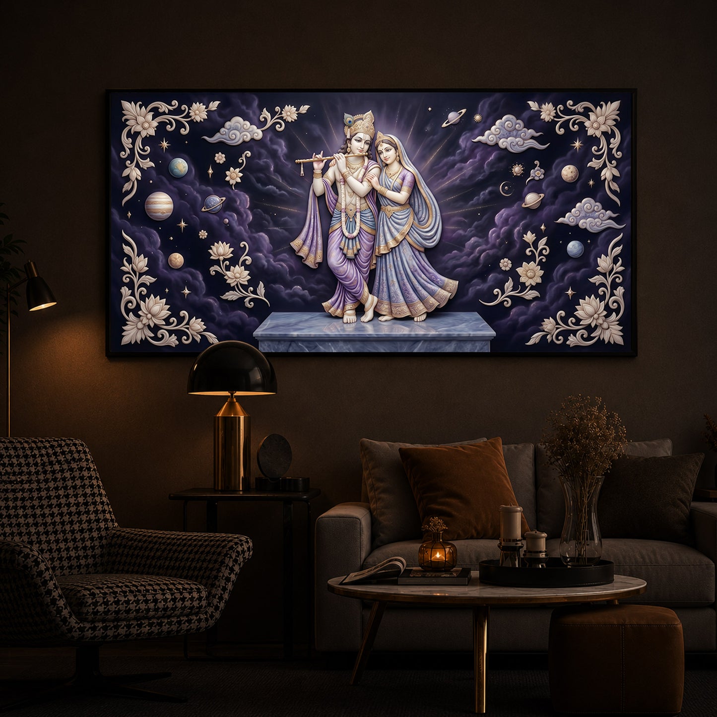 Radha Krishna With Purple Background Modern Luxury Backlight Horizontal Wall Art