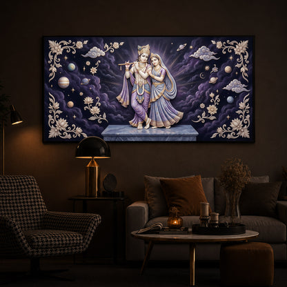Radha Krishna With Purple Background Modern Luxury Backlight Horizontal Wall Art