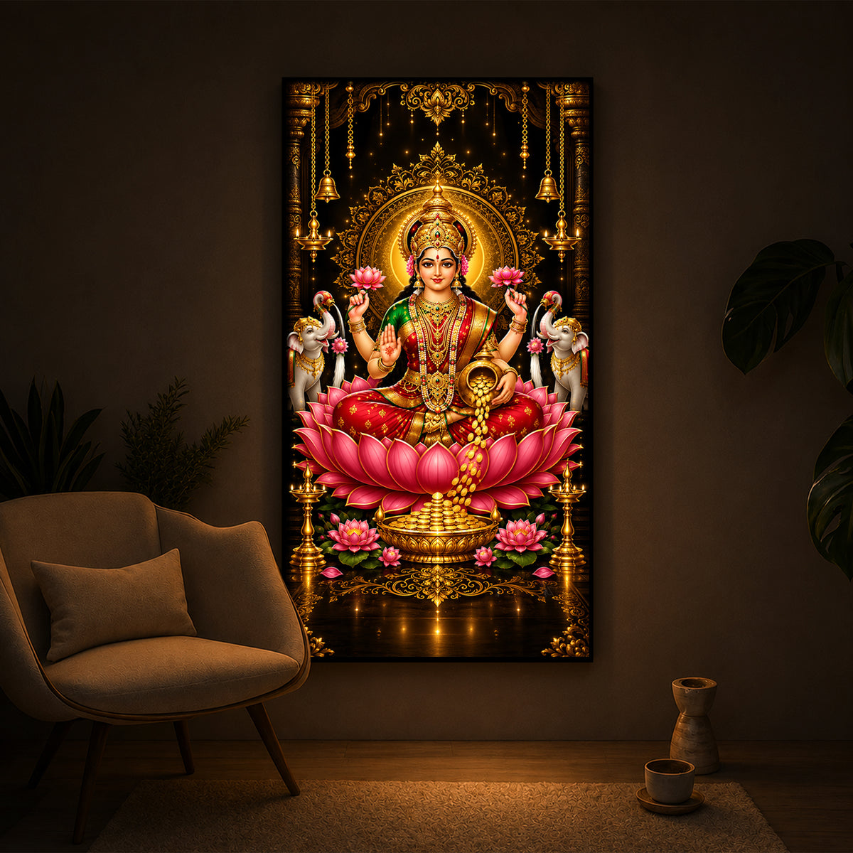 Goddess Lakshmi Modern Luxury Backlight Vertical Wall Art