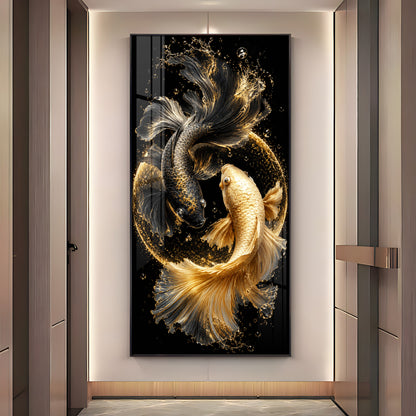 Yin Yang Golden & Black Koi Fish Premium Acrylic Vertical Wall Art