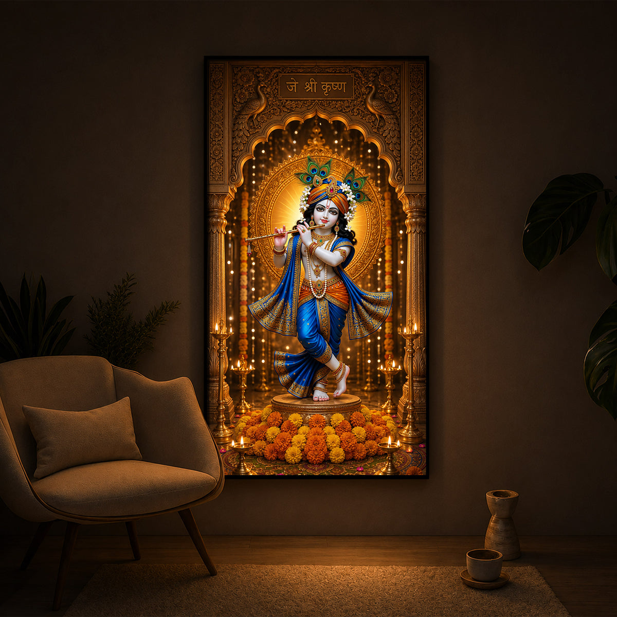 Spiritual Jai Shri Krishna Modern Luxury Backlight Vertical Wall Art