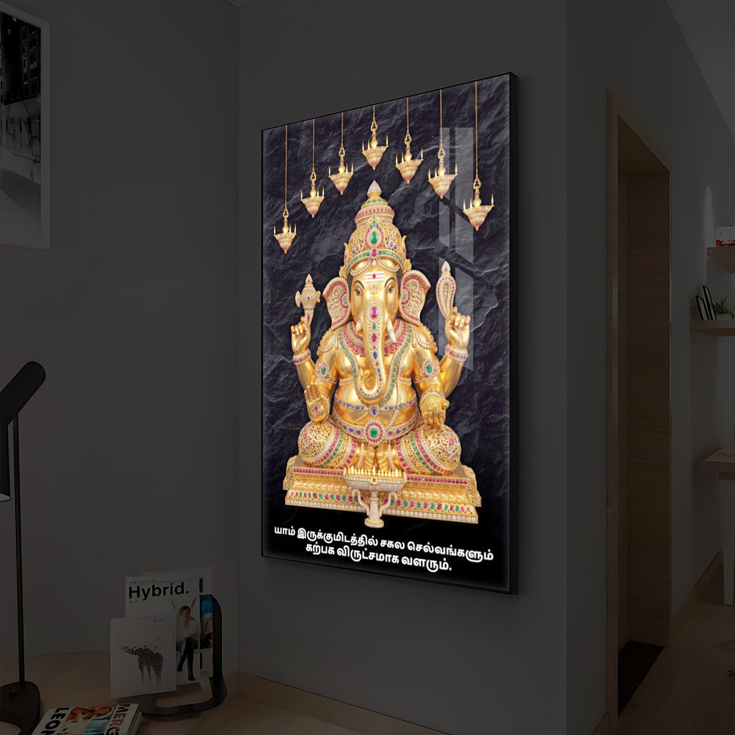 Lord Ganesha With Dark Background Modern Luxury Backlight Vertical Wall Art