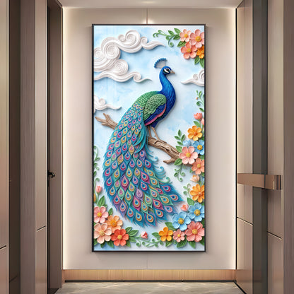 Elegant Pastel Floral Quilling Style Peacock Premium Acrylic Vertical Wall Art