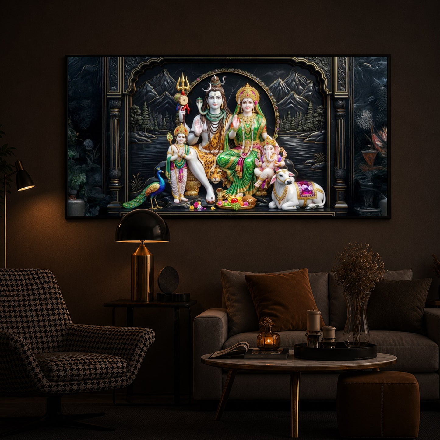 Lord Shiva With Family Modern Luxury Backlight Horizontal Wall Art
