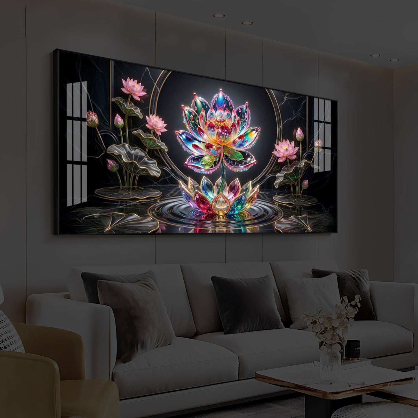Colorful Lotus Flower Modern Luxury Backlight Horizontal Wall Art