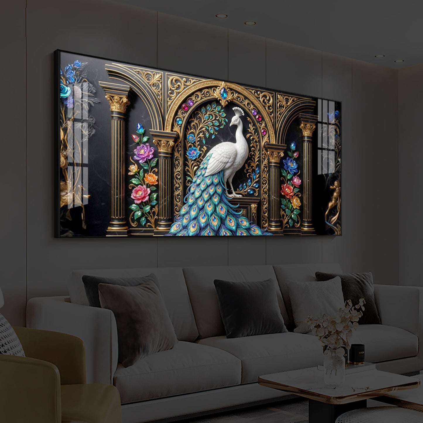 White Peacock Against A Dark Modern Luxury Backlight Horizontal Wall Art