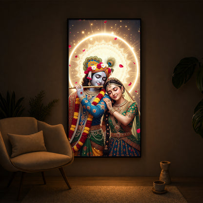 Couple Radhe Krishna Modern Luxury Backlight Vertical Wall Art