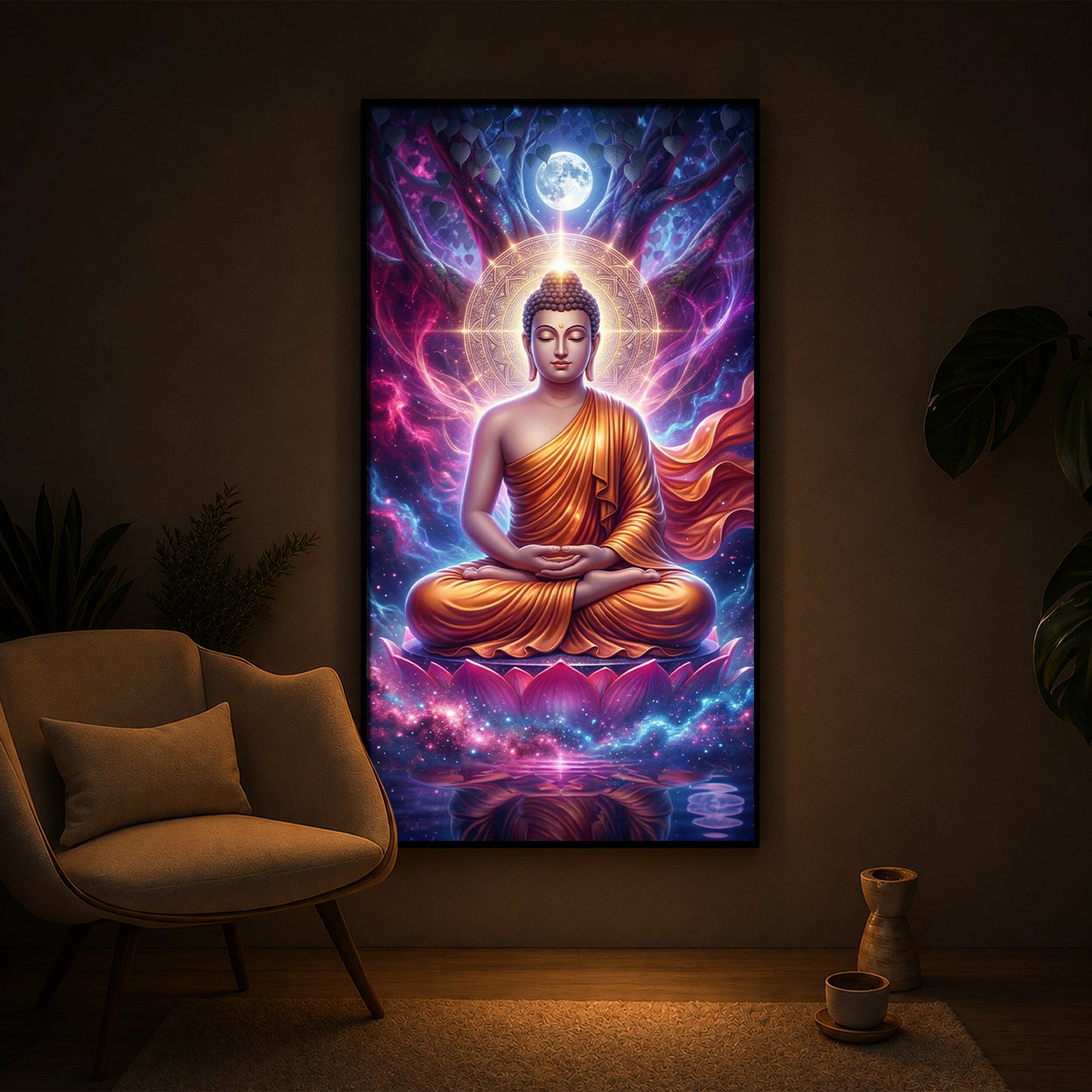 Lord Buddha Modern Luxury Backlight Vertical Wall Art
