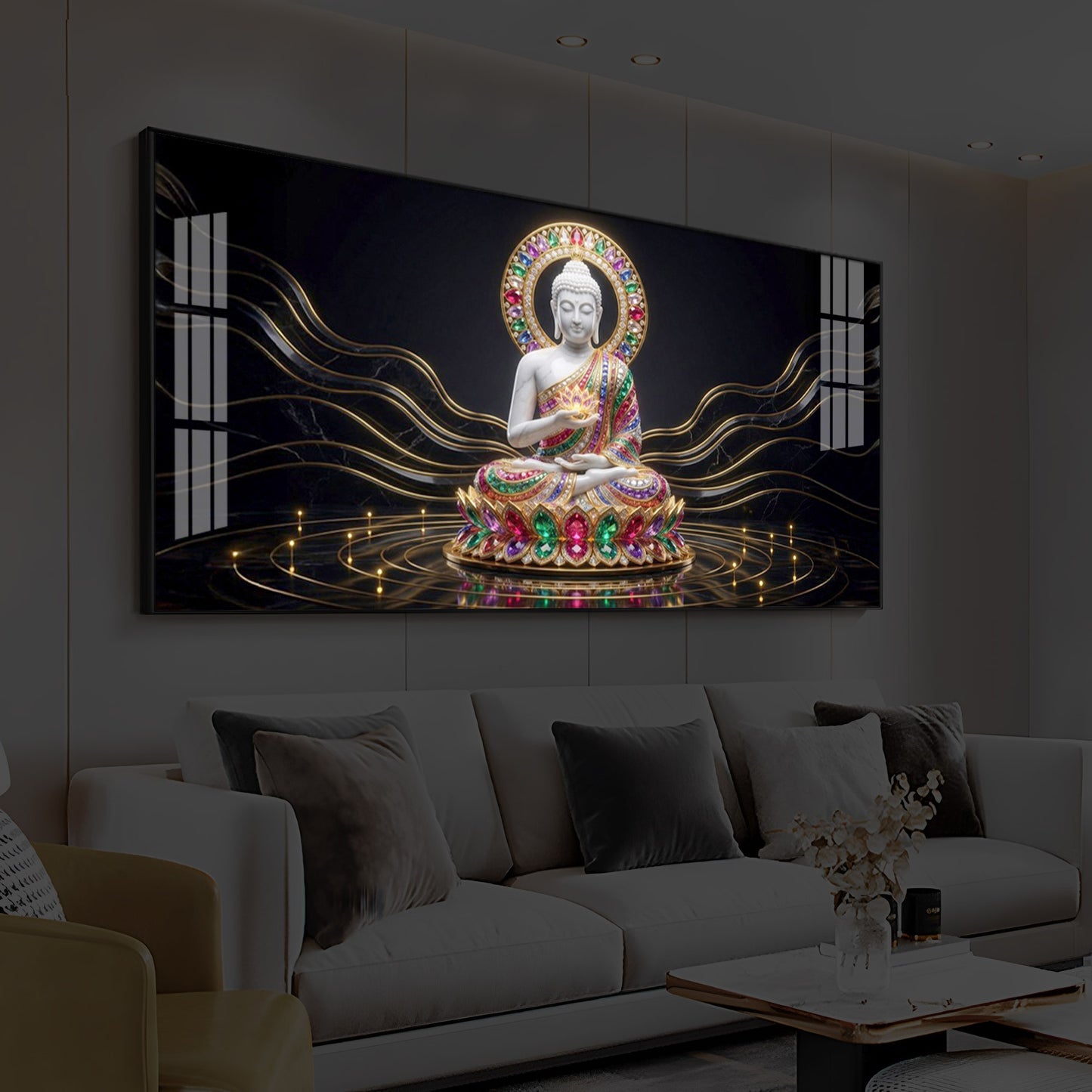 White Buddha Statue Modern Luxury Backlight Horizontal Wall Art