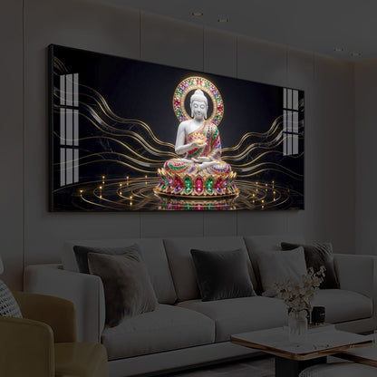 White Buddha Statue Modern Luxury Backlight Horizontal Wall Art