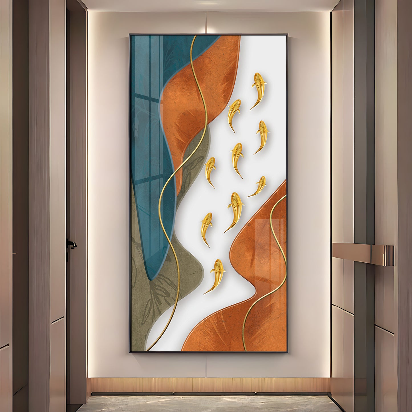 Gold Fish With Abstract Design Premium Acrylic Vertical Wall Art