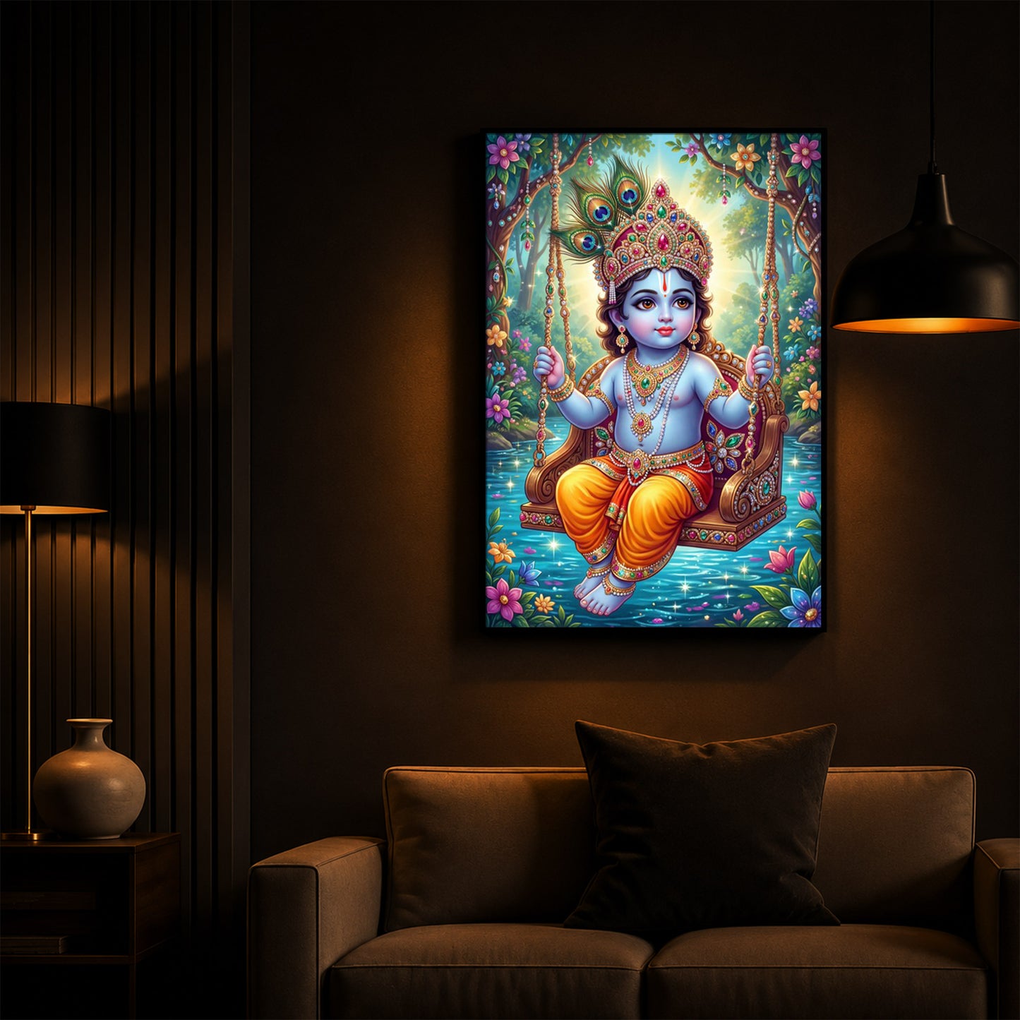 Divine Lord Krishna Modern Luxury Backlight Vertical Wall Art