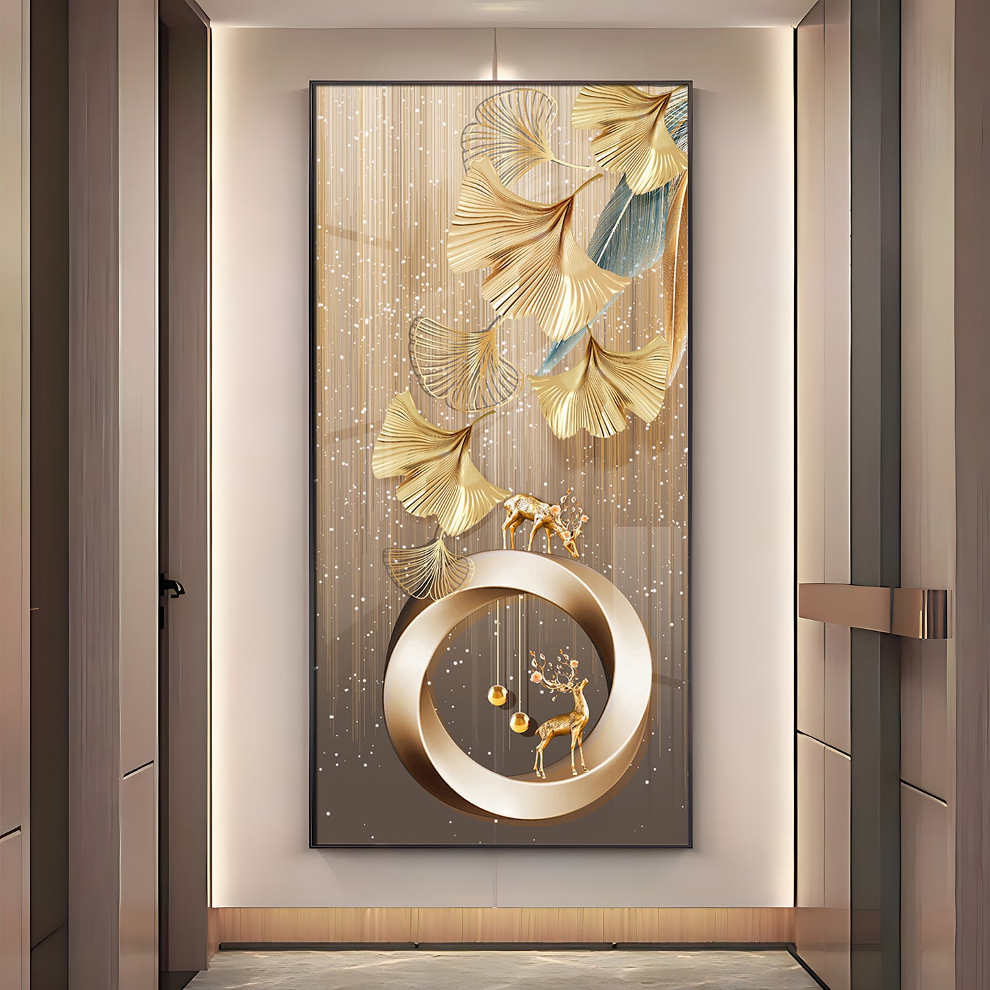 Golden Deer With Leaf Premium Acrylic Vertical Wall Art
