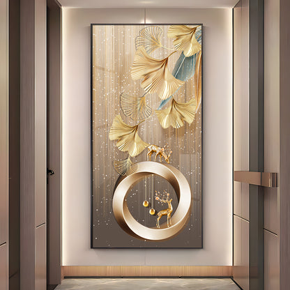Golden Deer With Leaf Premium Acrylic Vertical Wall Art