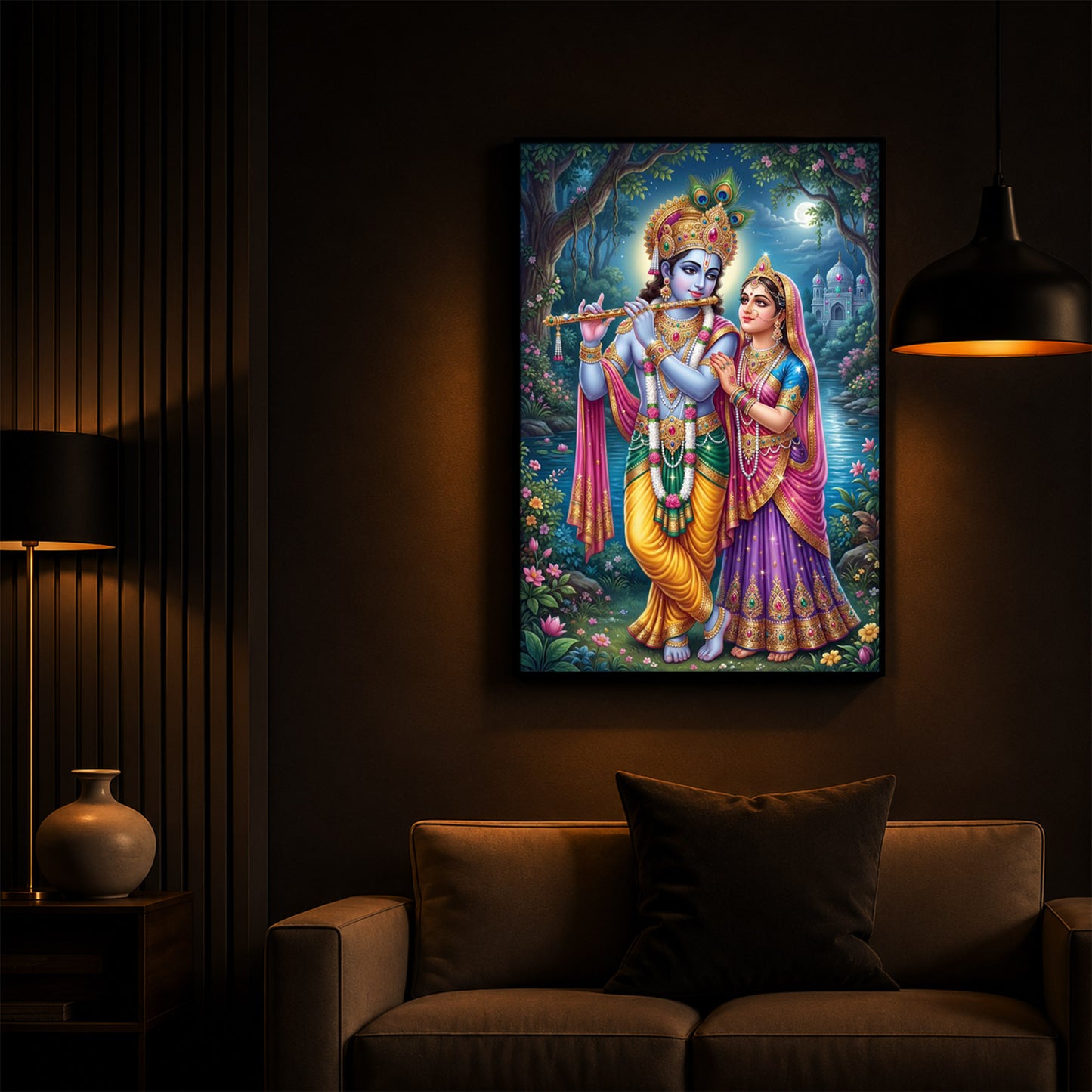 Hindu Deities Radha and Krishna Modern Luxury Backlight Vertical Wall Art