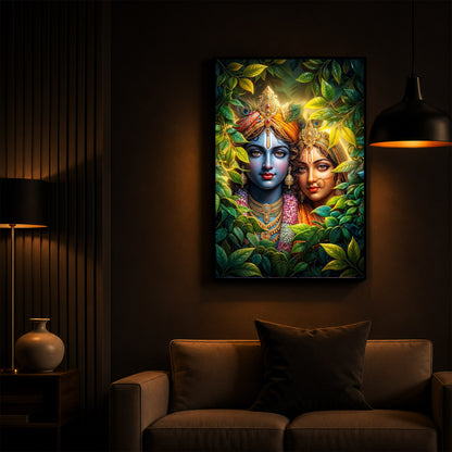 Lord Radha Krishna With Nature Modern Luxury Backlight Vertical Wall Art