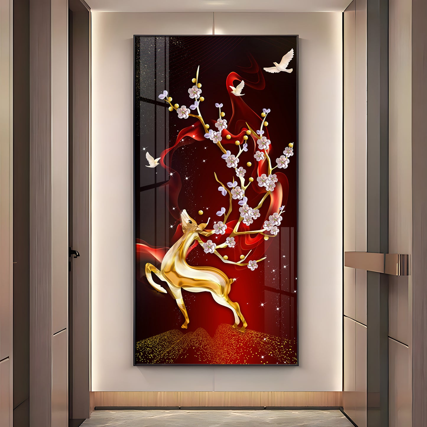 Golden Deer With Red Background Premium Acrylic Vertical Wall Art