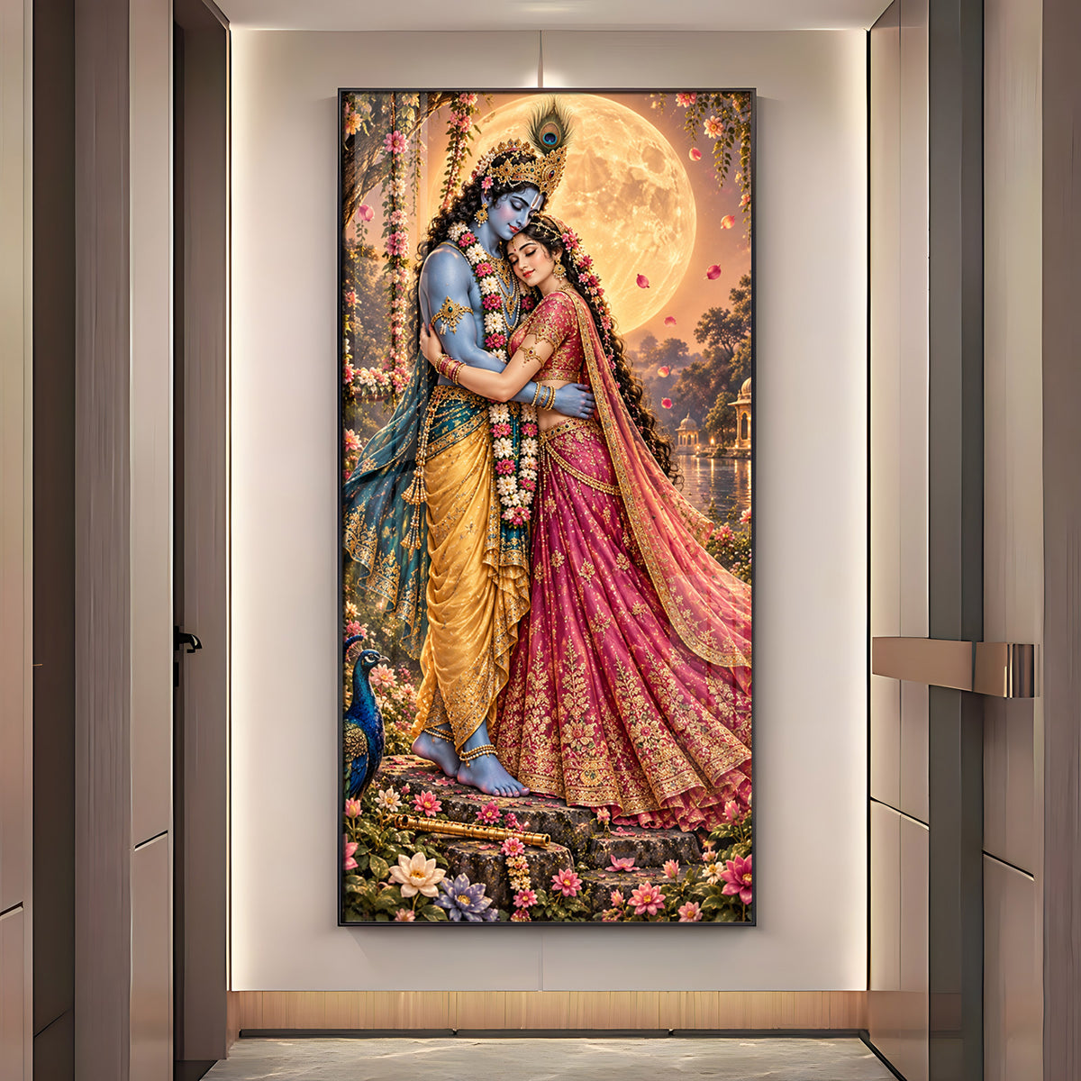 Shri Krishna and Radha in Night Glow Premium Acrylic Vertical Wall Art
