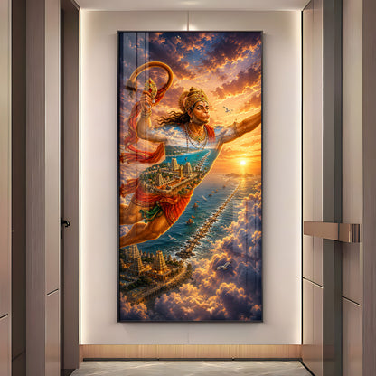 Lord Hanuman Flying Over Ocean Ram Setu Premium Acrylic Vertical Wall Art