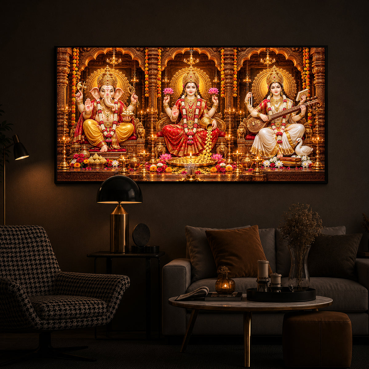 Maa Lakshmi, Lord Ganesha & Goddess Saraswati Modern Luxury Backlight Horizontal Wall Art