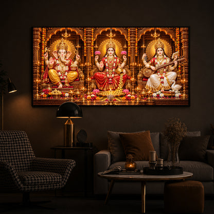 Maa Lakshmi, Lord Ganesha & Goddess Saraswati Modern Luxury Backlight Horizontal Wall Art