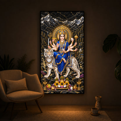 Maa Durga In Blue Saree Modern Luxury Backlight Vertical Wall Art