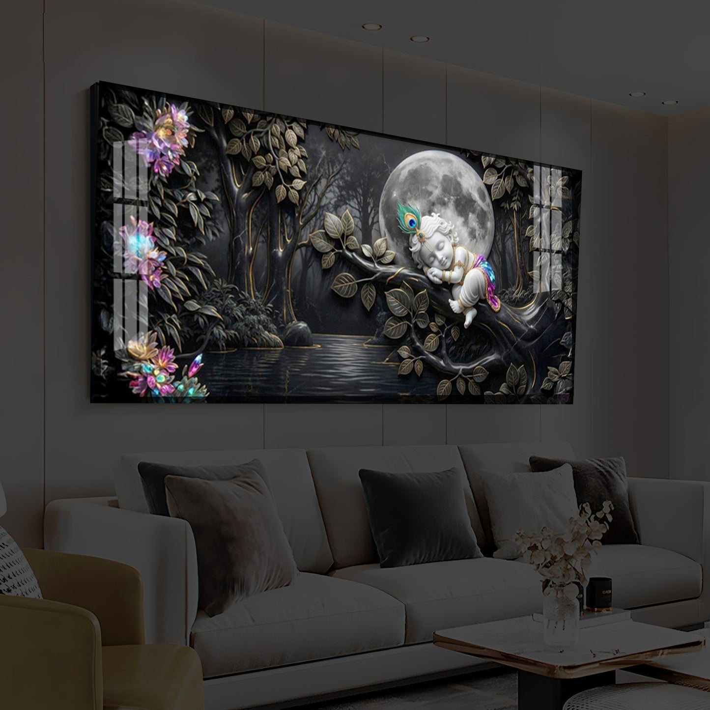 Divine Lord Little Krishna Modern Luxury Backlight Horizontal Wall Art
