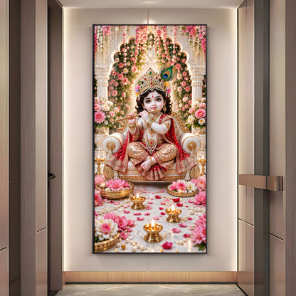Little Krishna On Royal Chair Premium Acrylic Vertical Wall Art