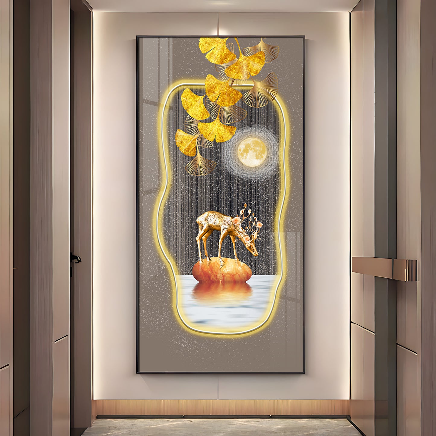 Golden Deer & Gingko Premium Acrylic Vertical Wall Art