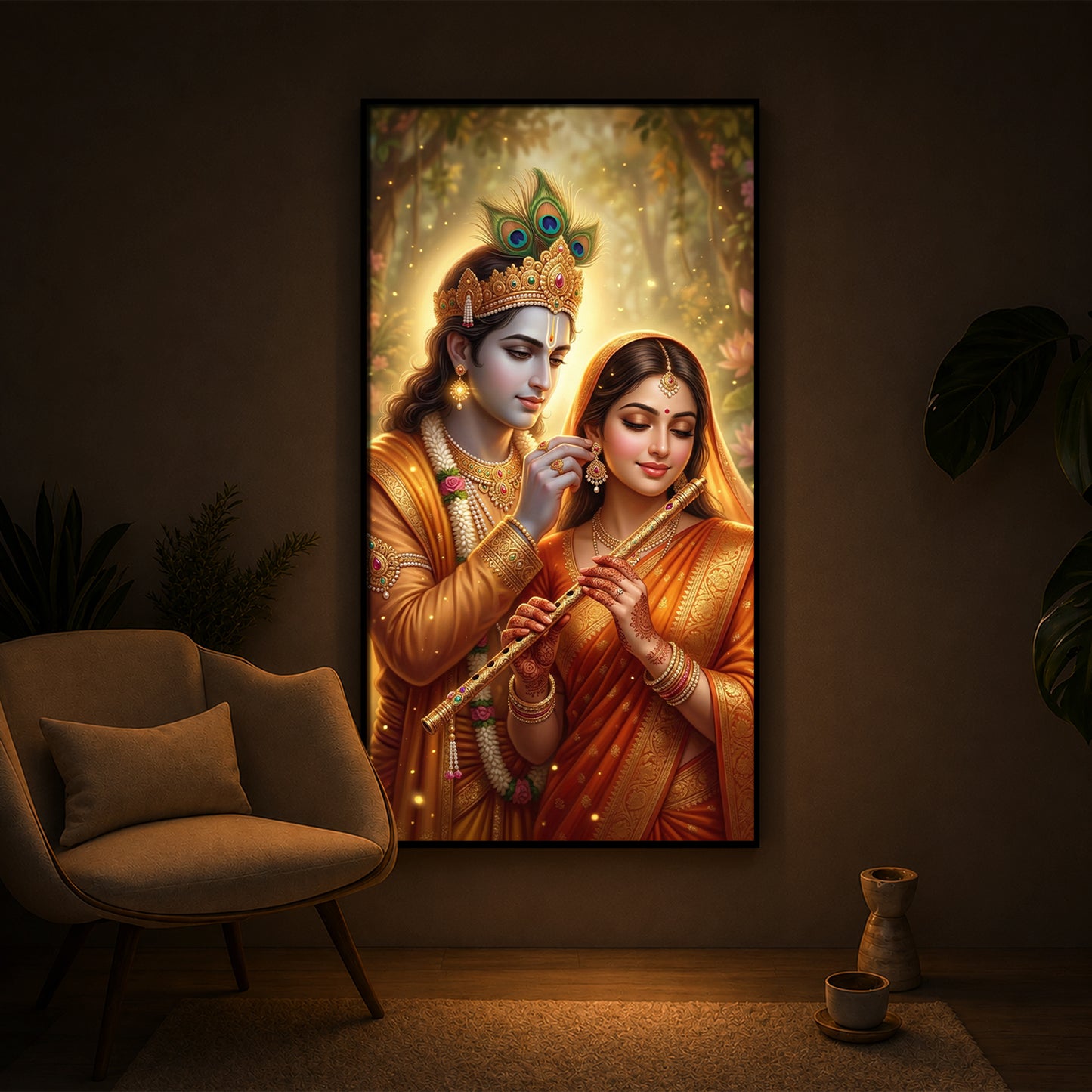 Jai Radha Krishna Modern Luxury Backlight Vertical Wall Art