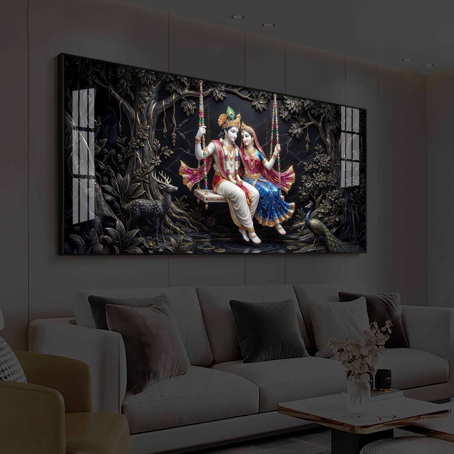 Radha Krishna Swing Modern Luxury Backlight Horizontal Wall Art