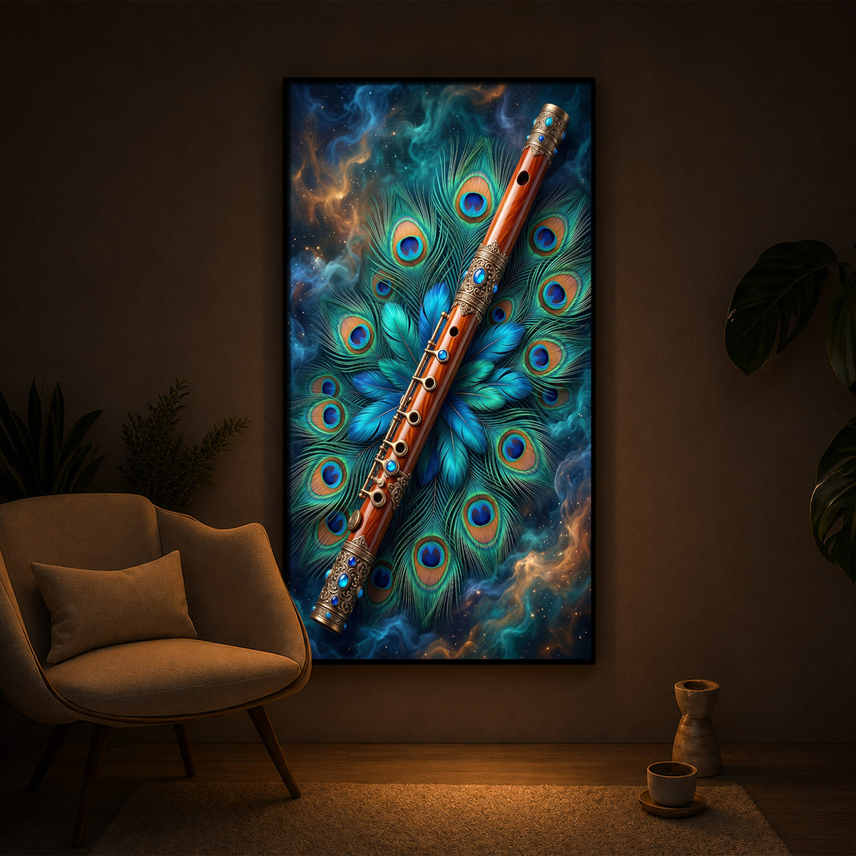 Flute With Peacock Feather Modern Luxury Backlight Vertical Wall Art