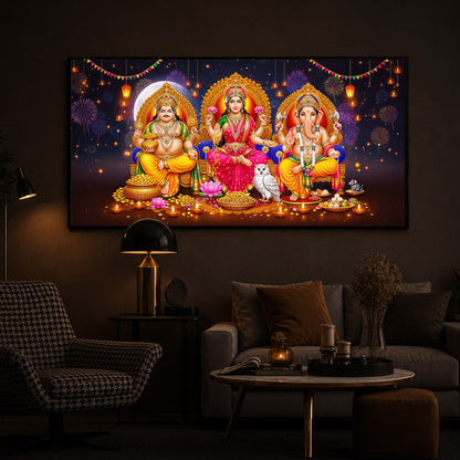 Lord Kubera,Goddess Lakshmi & Lord Ganesha Modern Luxury Backlight Horizontal Wall Art