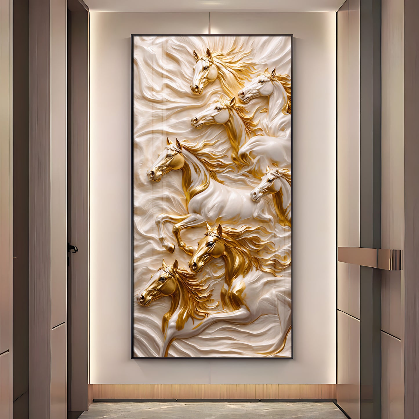 White & Gold Horses Premium Acrylic Vertical Wall Art