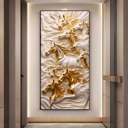 White & Gold Horses Premium Acrylic Vertical Wall Art