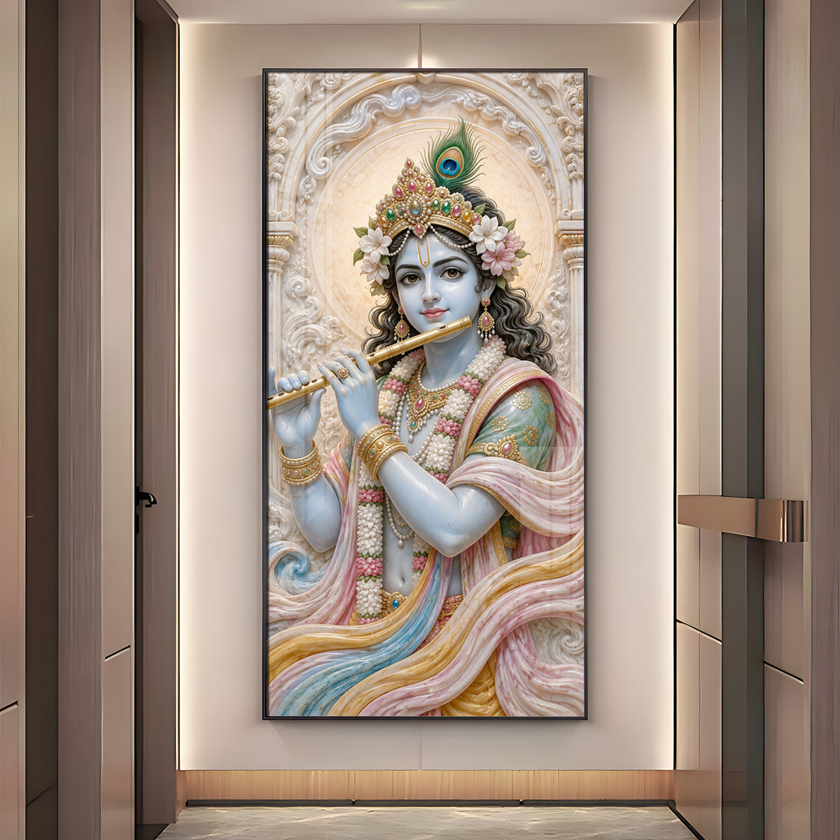 Divine Krishna With Bansuri Premium Acrylic Vertical Wall Art